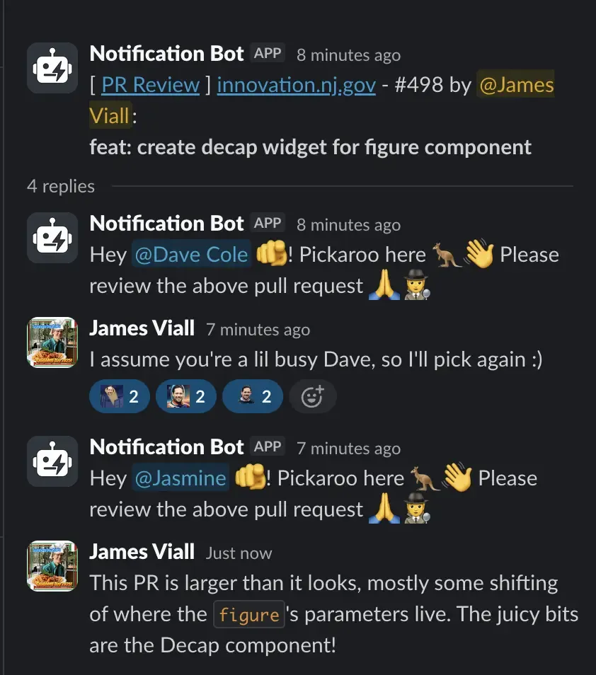 A slack message thread created by the Pickaroo Workflow to notify PR reviewers