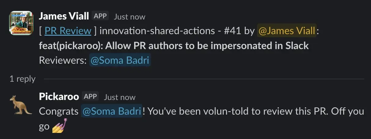 Pickaroo bot Slack message example showing a pull request review request