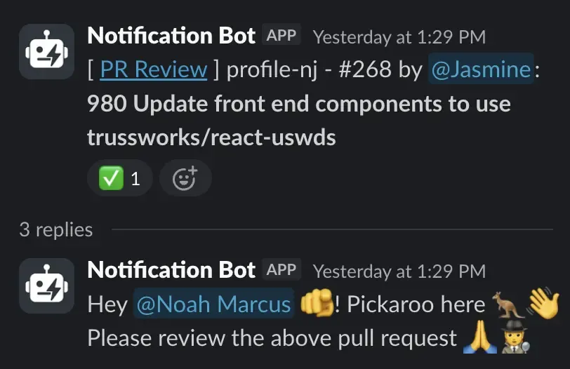 Pickaroo bot Slack message example showing a pull request review request