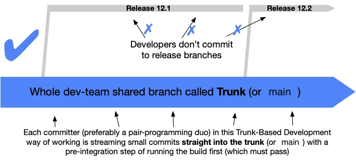 A diagram showing the main trunk branch with releases and PR branches extending from it